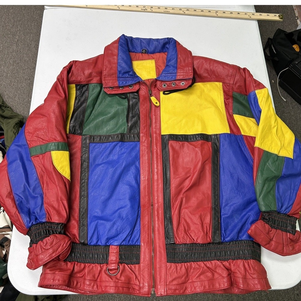 Mixed Blues Leather Jacket Mens M Multicolor Colorblock Vintage Patchwork Zip